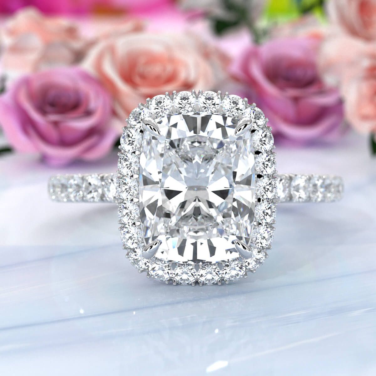 French U Cut Pave Set Halo Cushion Lab Grown Diamond Engagement Ring