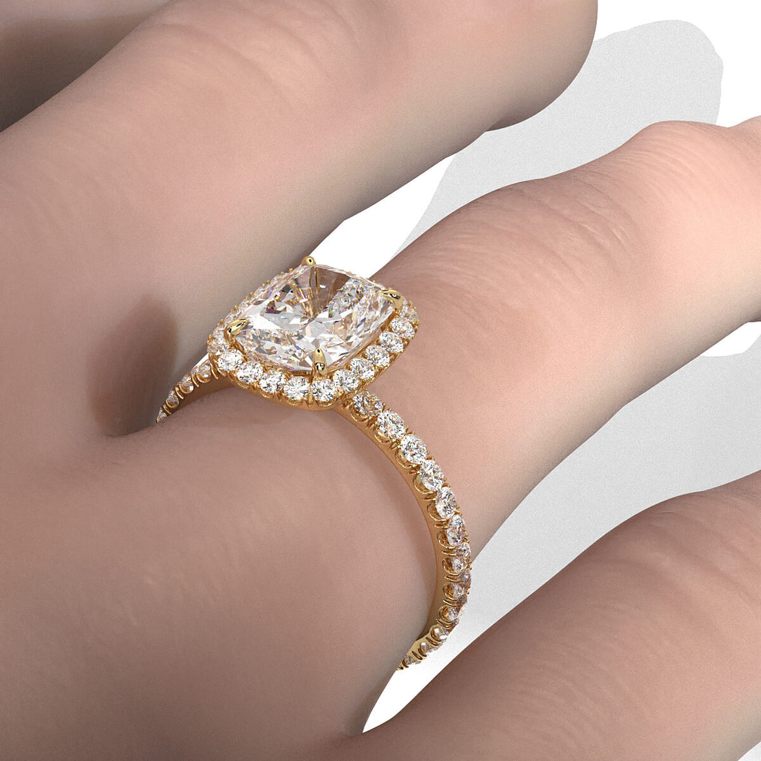 French U Cut Pave Set Halo Cushion Lab Grown Diamond Engagement Ring