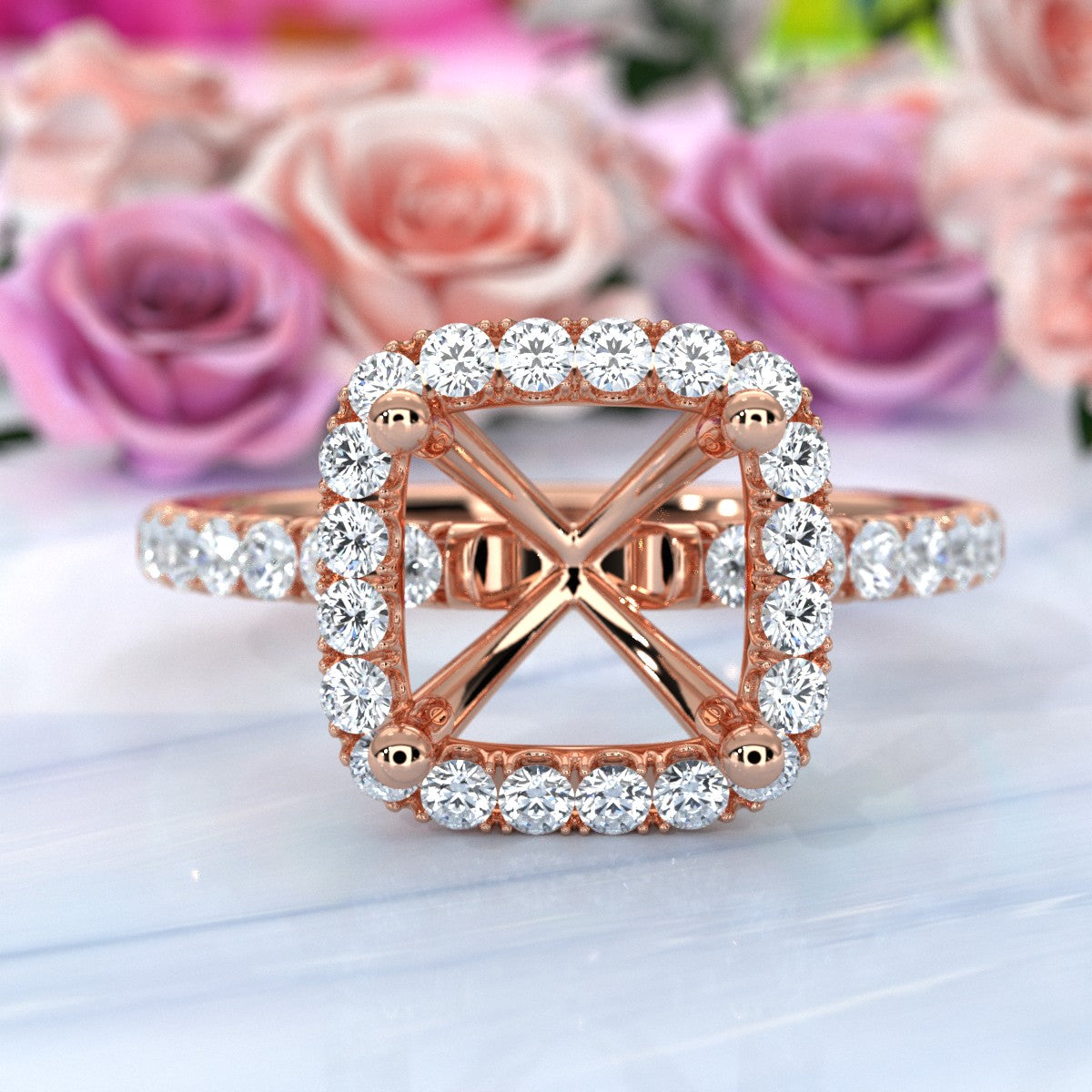 French Pave Set Halo Semi Mount Lab Grown Diamond Engagement Ring 0.59Ct.