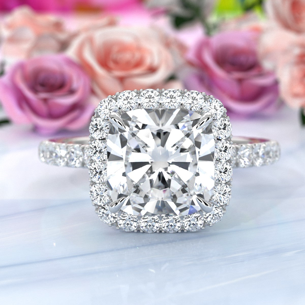 French Pave Set Halo Lab Grown Diamond Engagement Ring 2.59 Ctw.