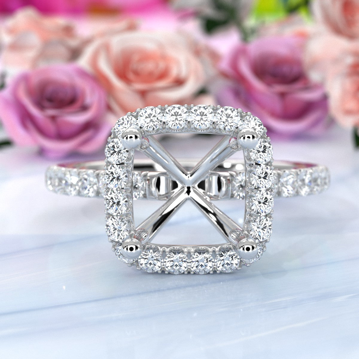 French Pave Set Halo Semi Mount Lab Grown Diamond Engagement Ring 0.59Ct.