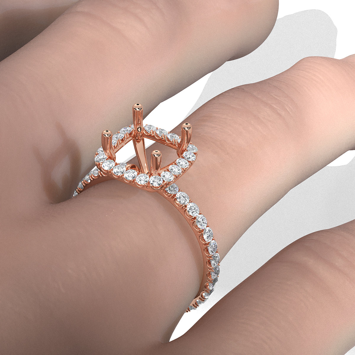 French Pave Set Halo Semi Mount Lab Grown Diamond Engagement Ring 0.59Ct.