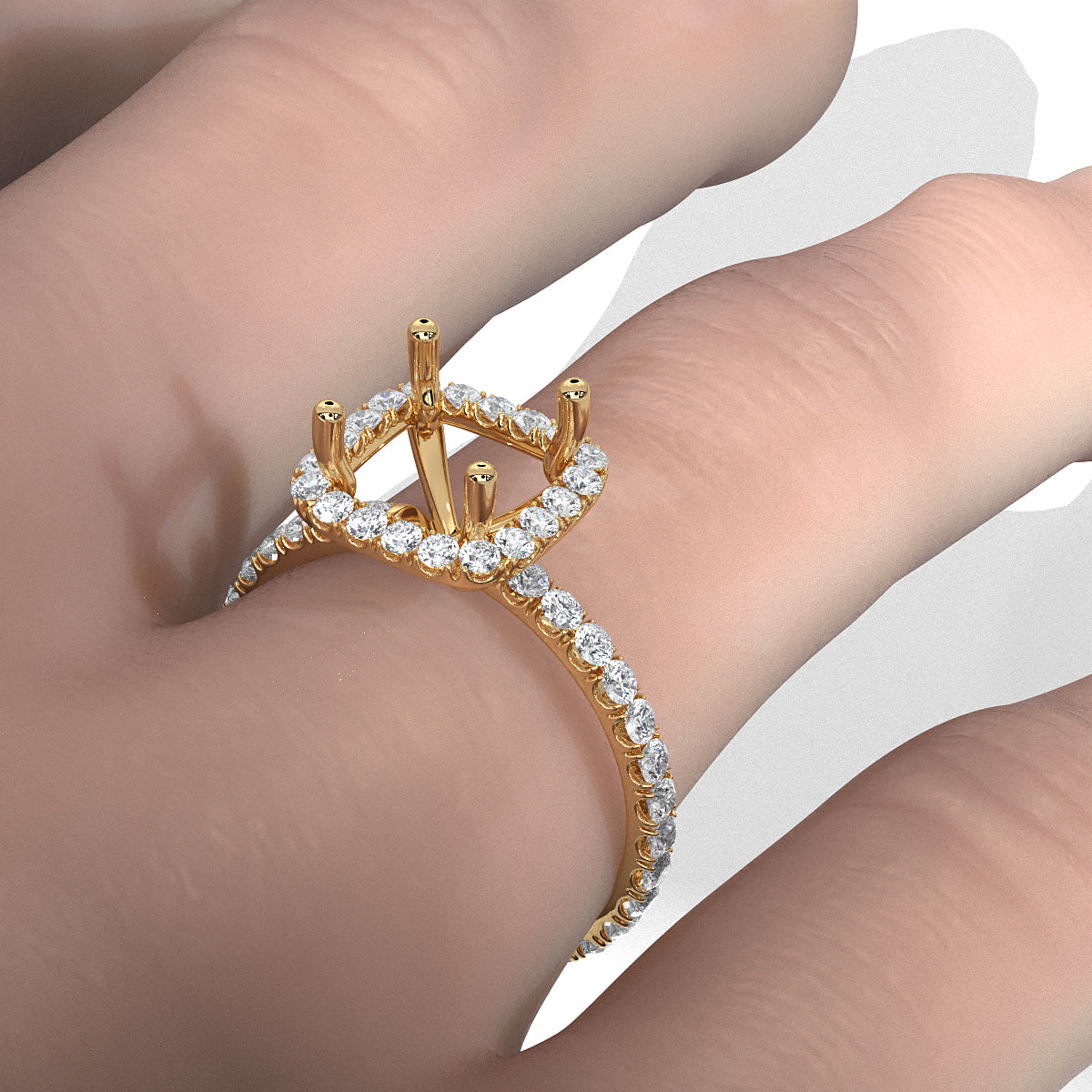 French Pave Set Halo Semi Mount Lab Grown Diamond Engagement Ring 0.59Ct.