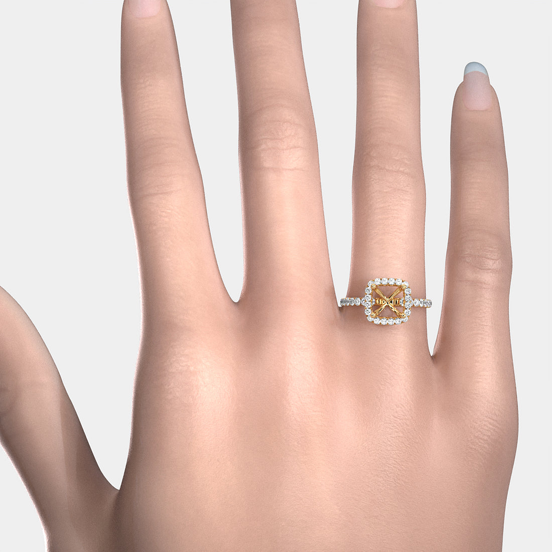French Pave Set Halo Semi Mount Lab Grown Diamond Engagement Ring 0.59Ct.