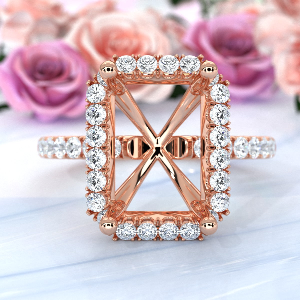 French Pave Set Halo Semi Mount Lab Grown Diamond Engagement Ring 0.59Ct.