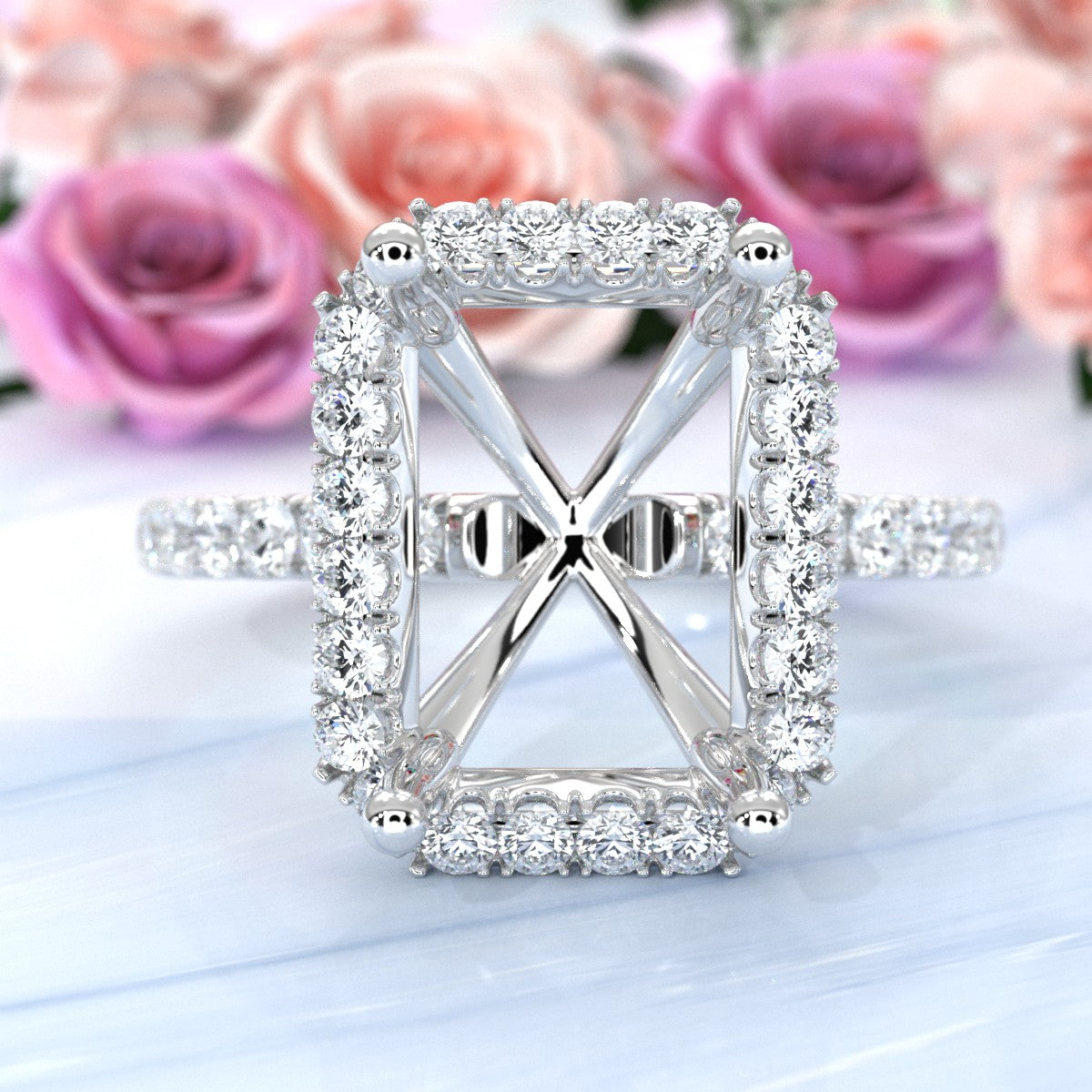 French Pave Set Halo Semi Mount Lab Grown Diamond Engagement Ring 0.59Ct.