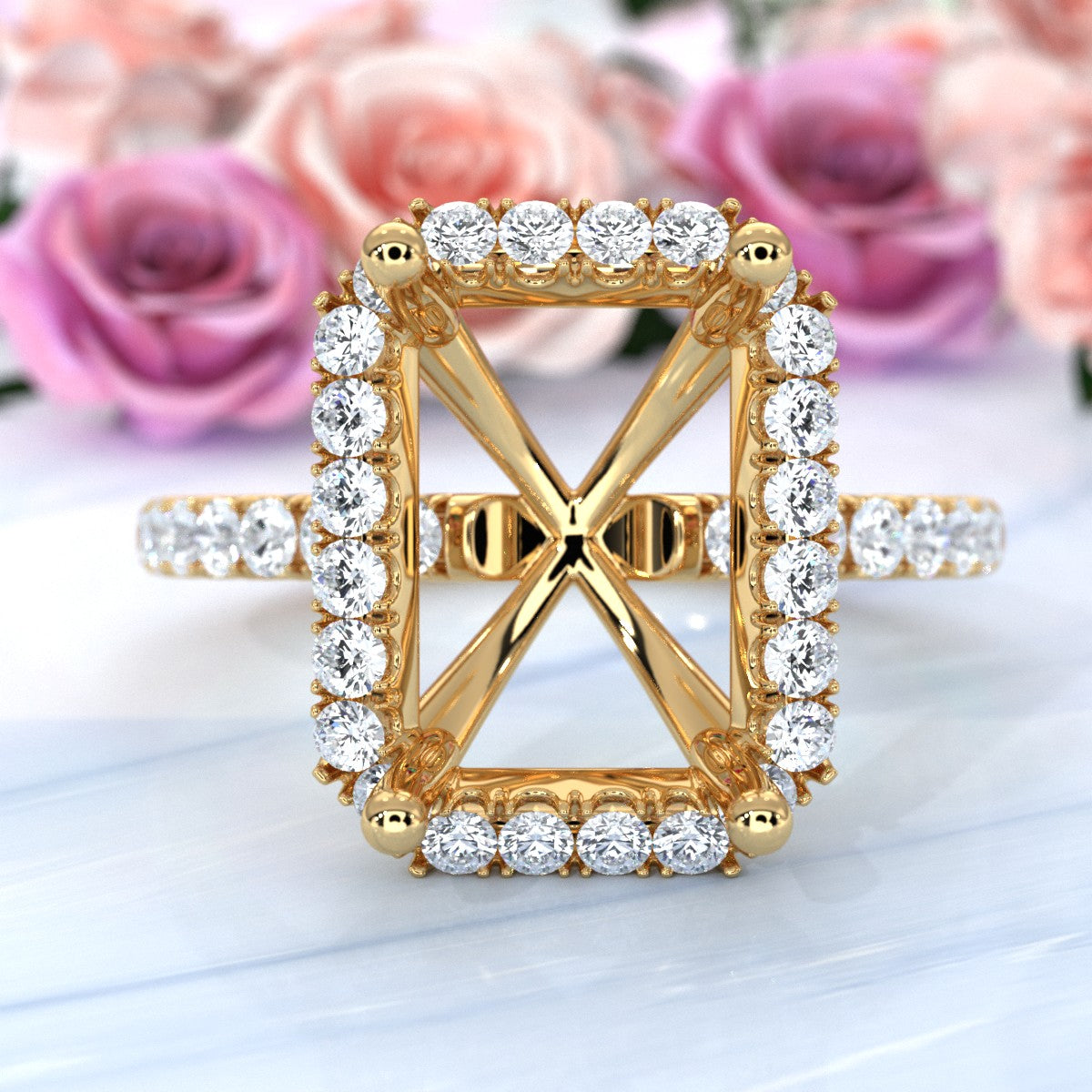 French Pave Set Halo Semi Mount Lab Grown Diamond Engagement Ring 0.59Ct.