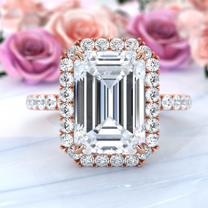 French U Cut Pave Set Halo Emerald Lab Grown Diamond Engagement Ring