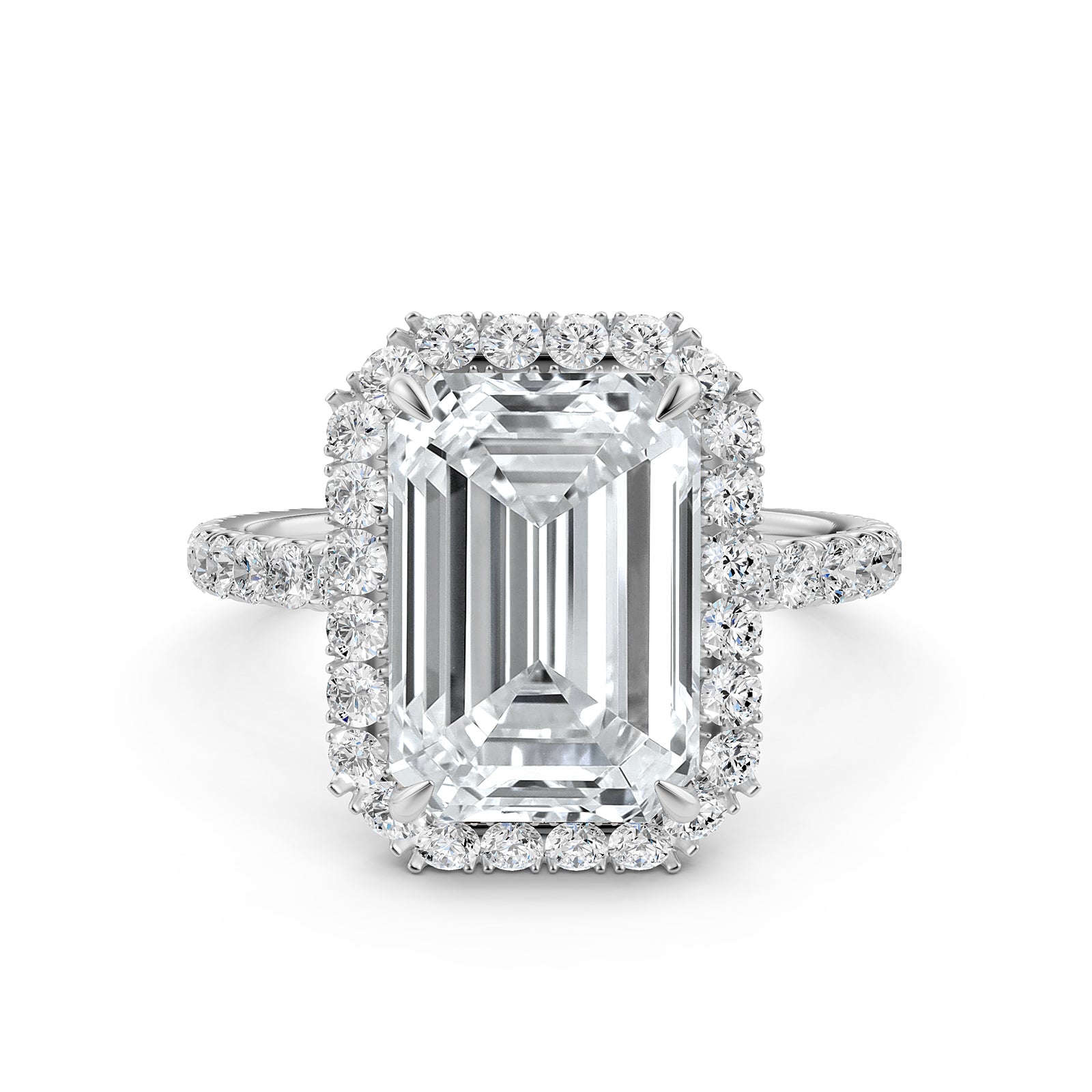 French U Cut Pave Set Halo Emerald Lab Grown Diamond Engagement Ring