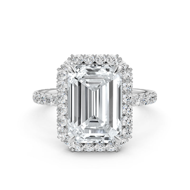 French U Cut Pave Set Halo Emerald Lab Grown Diamond Engagement Ring