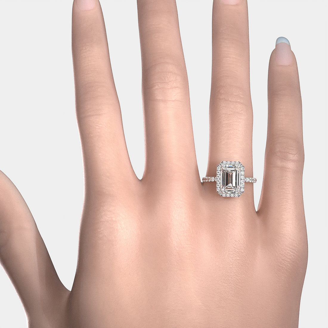 French U Cut Pave Set Halo Emerald Lab Grown Diamond Engagement Ring