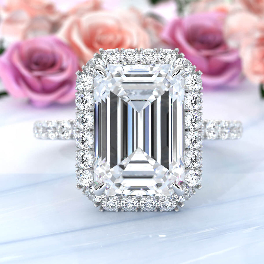 French U Cut Pave Set Halo Emerald Lab Grown Diamond Engagement Ring