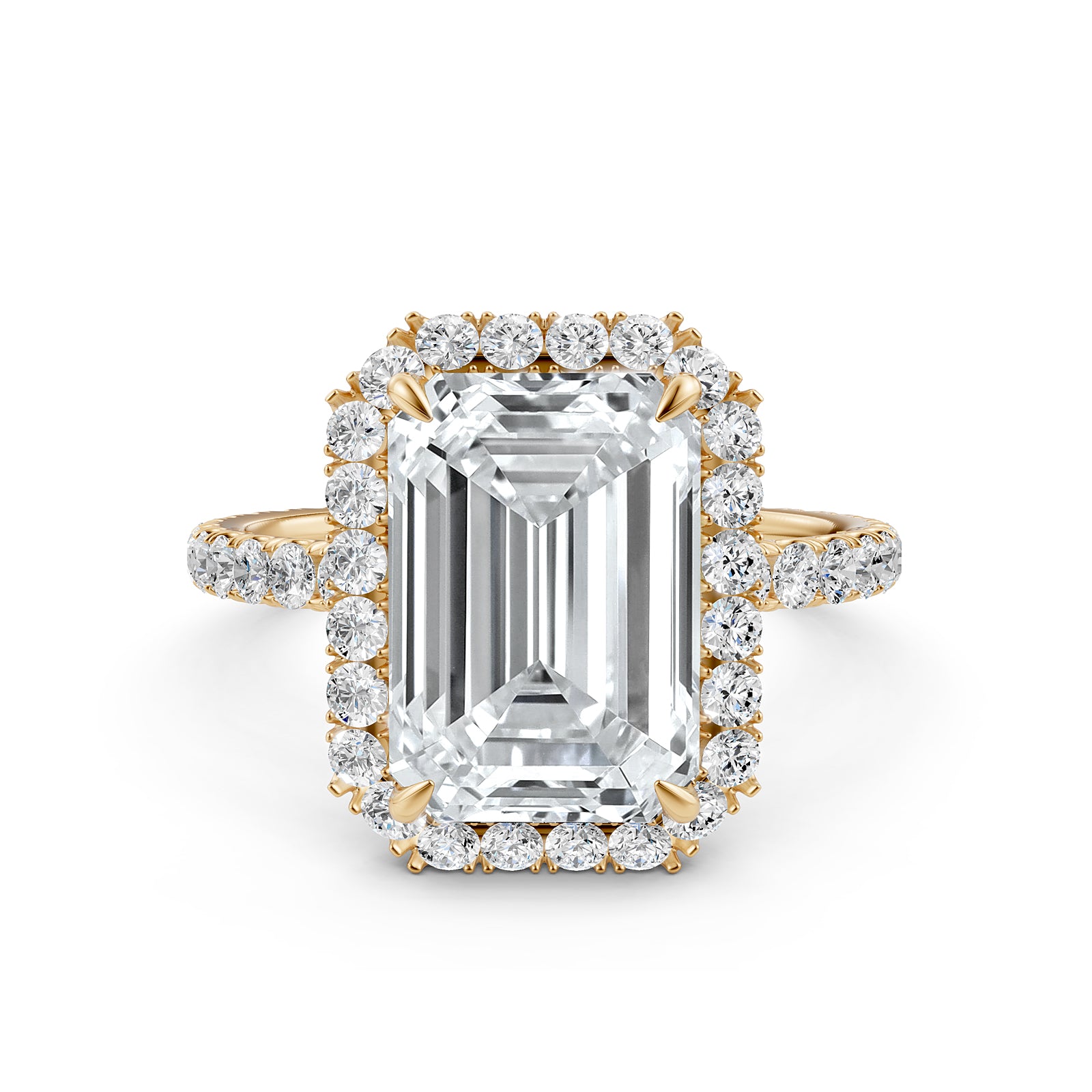 French U Cut Pave Set Halo Emerald Lab Grown Diamond Engagement Ring