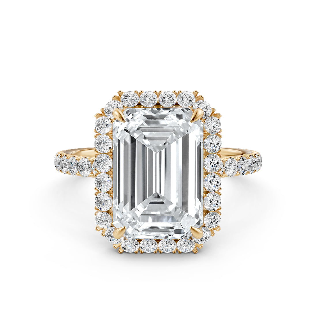 French U Cut Pave Set Halo Emerald Lab Grown Diamond Engagement Ring