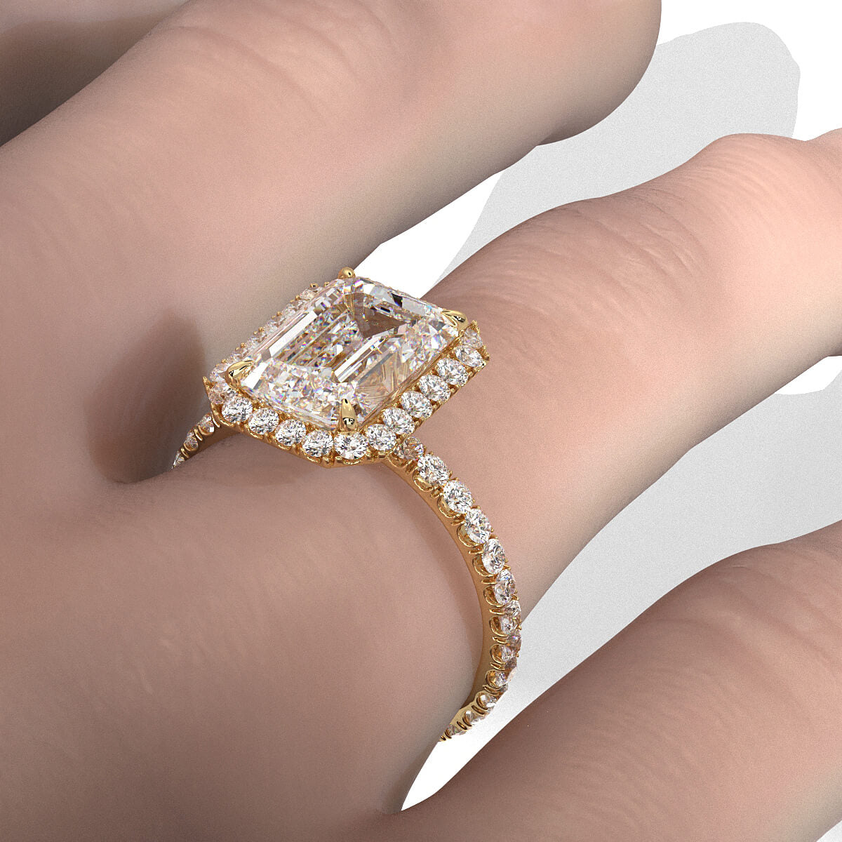 French U Cut Pave Set Halo Emerald Lab Grown Diamond Engagement Ring