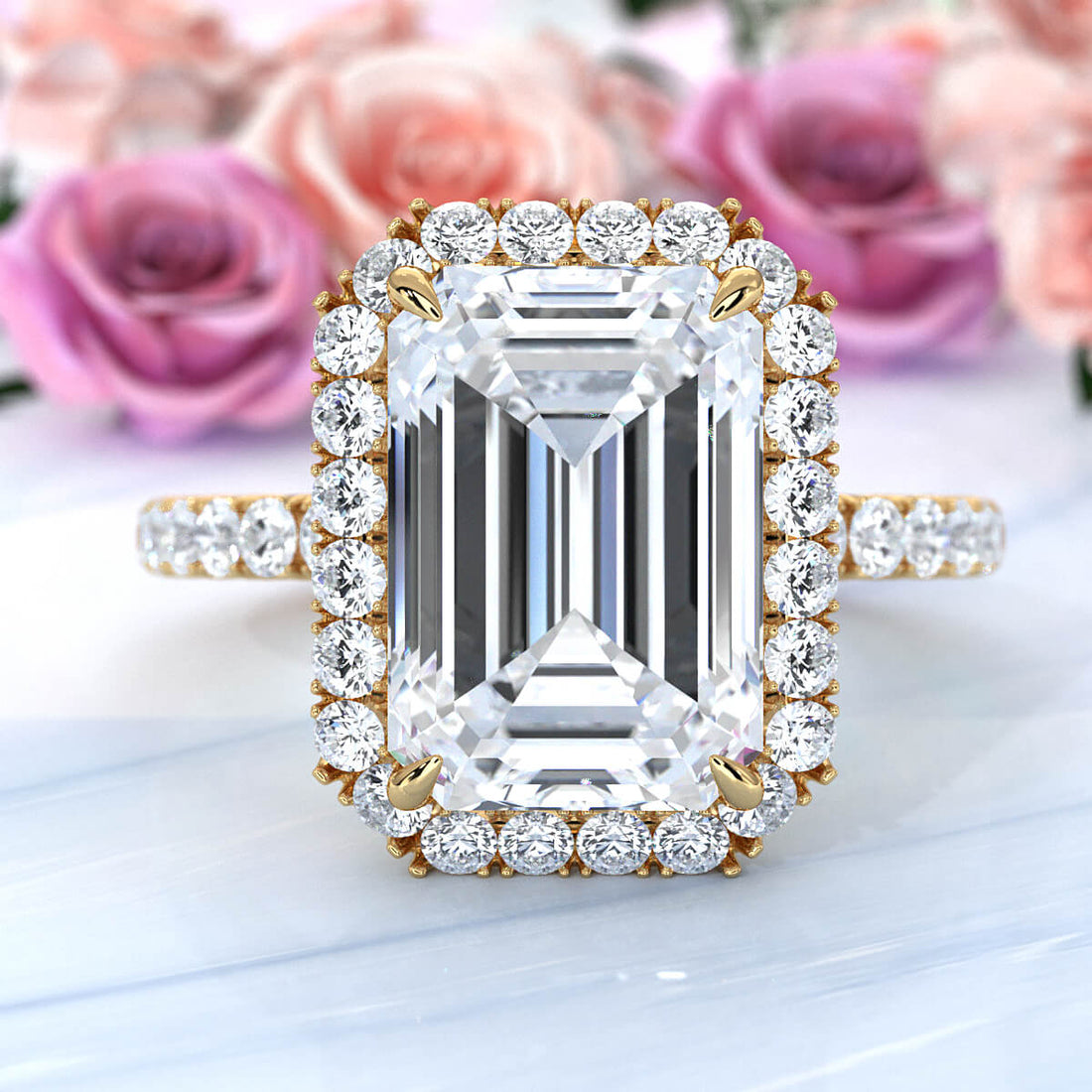 French U Cut Pave Set Halo Emerald Lab Grown Diamond Engagement Ring