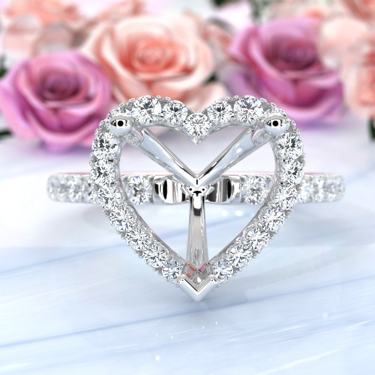 French Pave Set Halo Semi Mount Lab Grown Diamond Engagement Ring 0.59Ct.