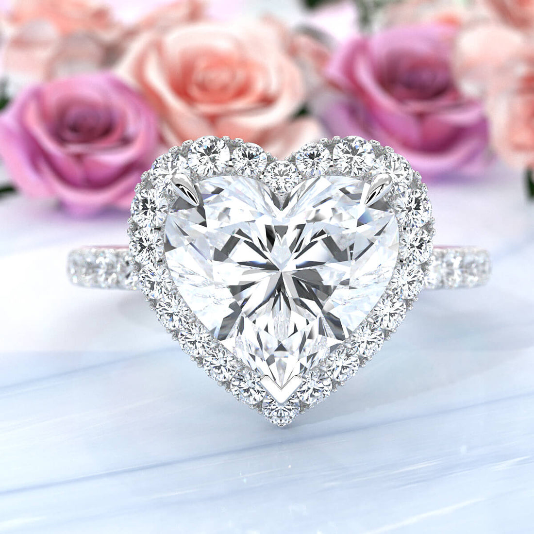 French U Cut Pave Set Halo Heart Lab Grown Diamond Engagement Ring