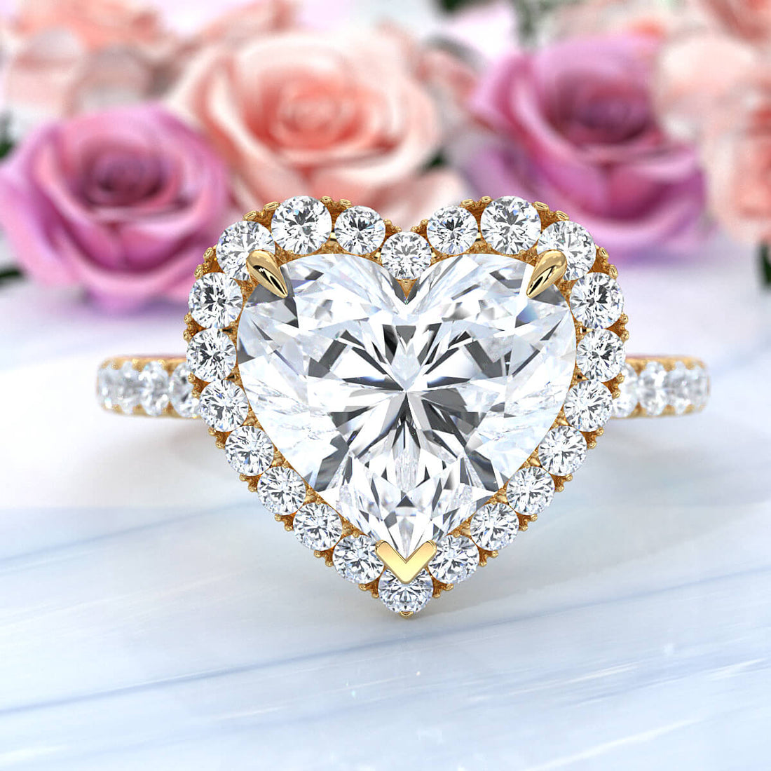 French U Cut Pave Set Halo Heart Lab Grown Diamond Engagement Ring