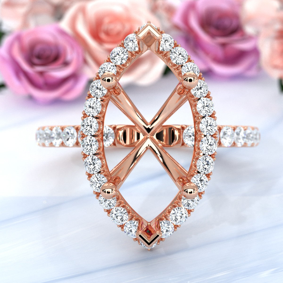 French Pave Set Halo Semi Mount Lab Grown Diamond Engagement Ring 0.59Ct.