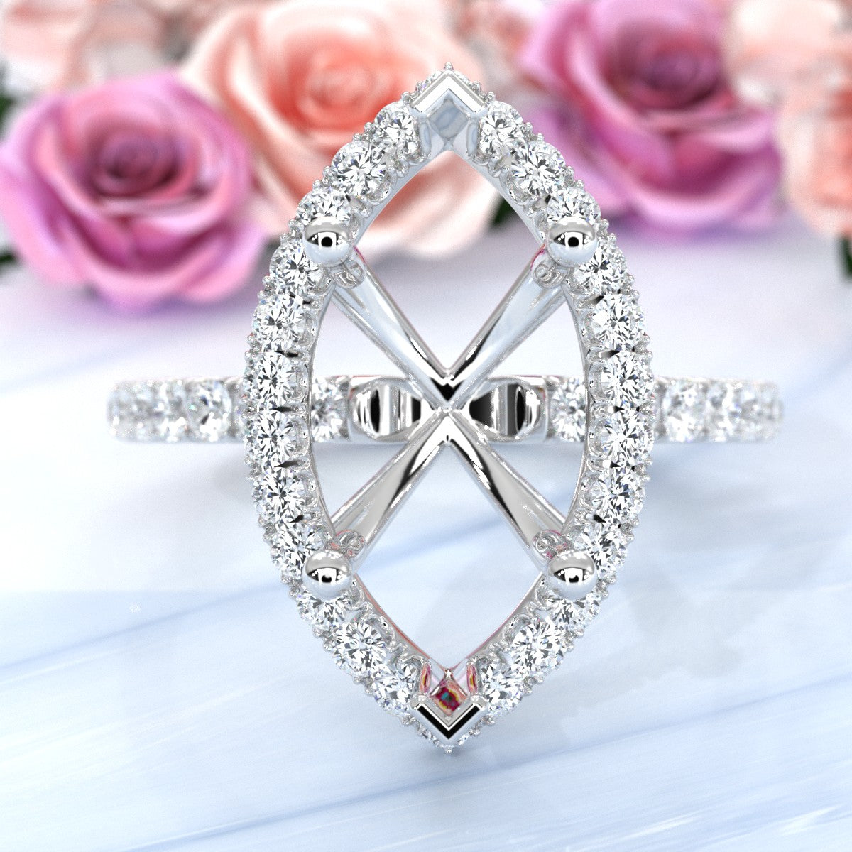 French Pave Set Halo Semi Mount Lab Grown Diamond Engagement Ring 0.59Ct.