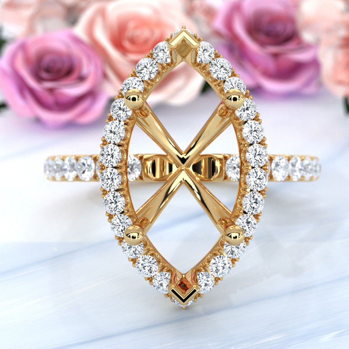 French Pave Set Halo Semi Mount Lab Grown Diamond Engagement Ring 0.59Ct.