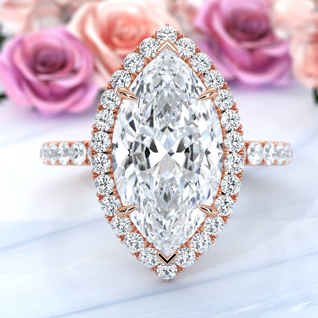 French U Cut Pave Set Marquise Halo Lab Grown Diamond Engagement Ring