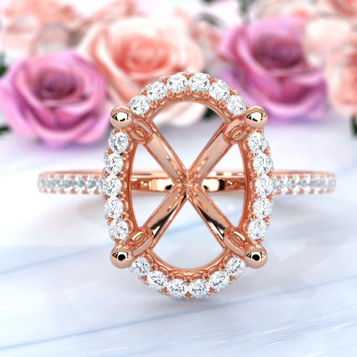 French Pave Set Halo Semi Mount Lab Grown Diamond Engagement Ring 0.59Ct.