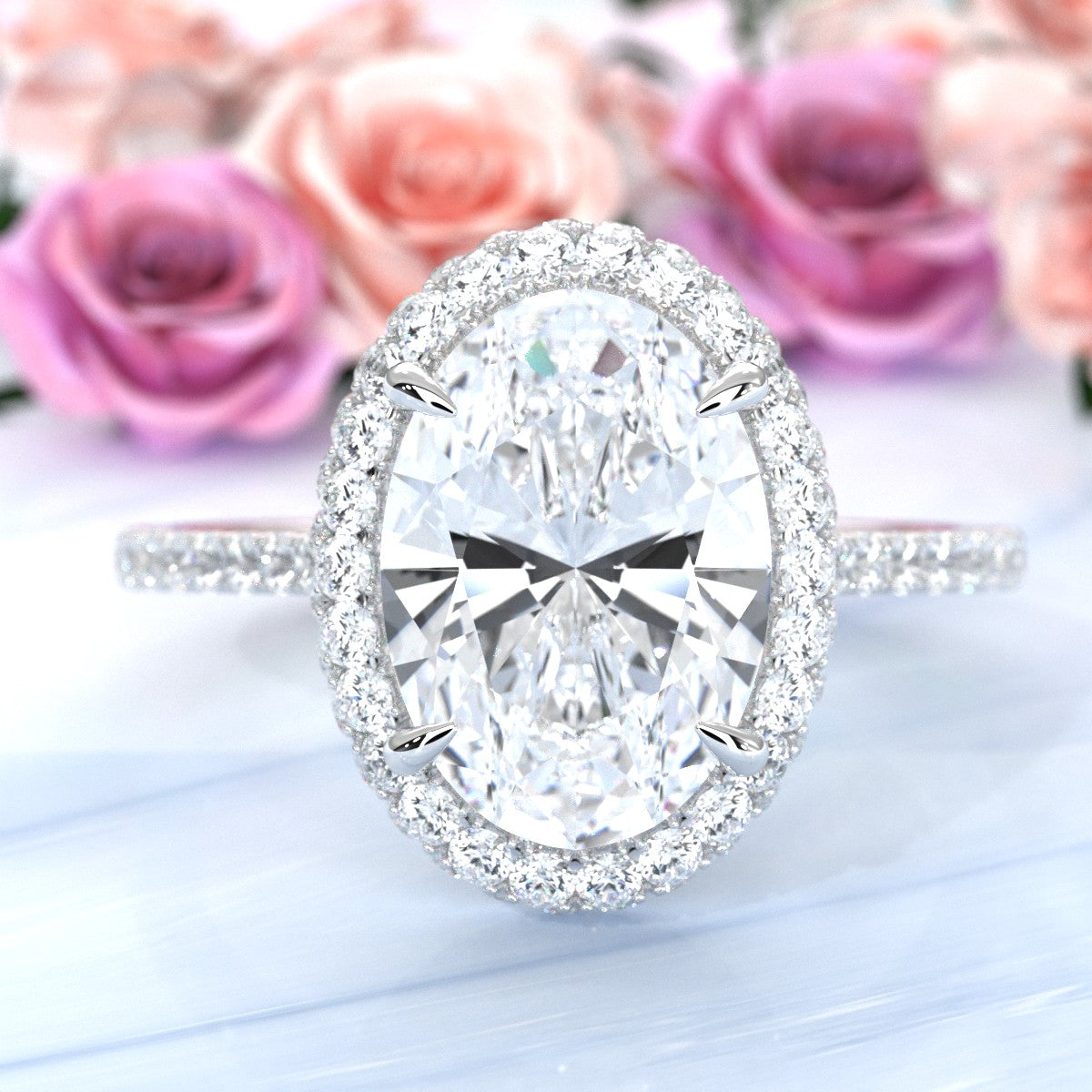 French Pave Set Halo Lab Grown Diamond Engagement Ring 2.59 Ctw.