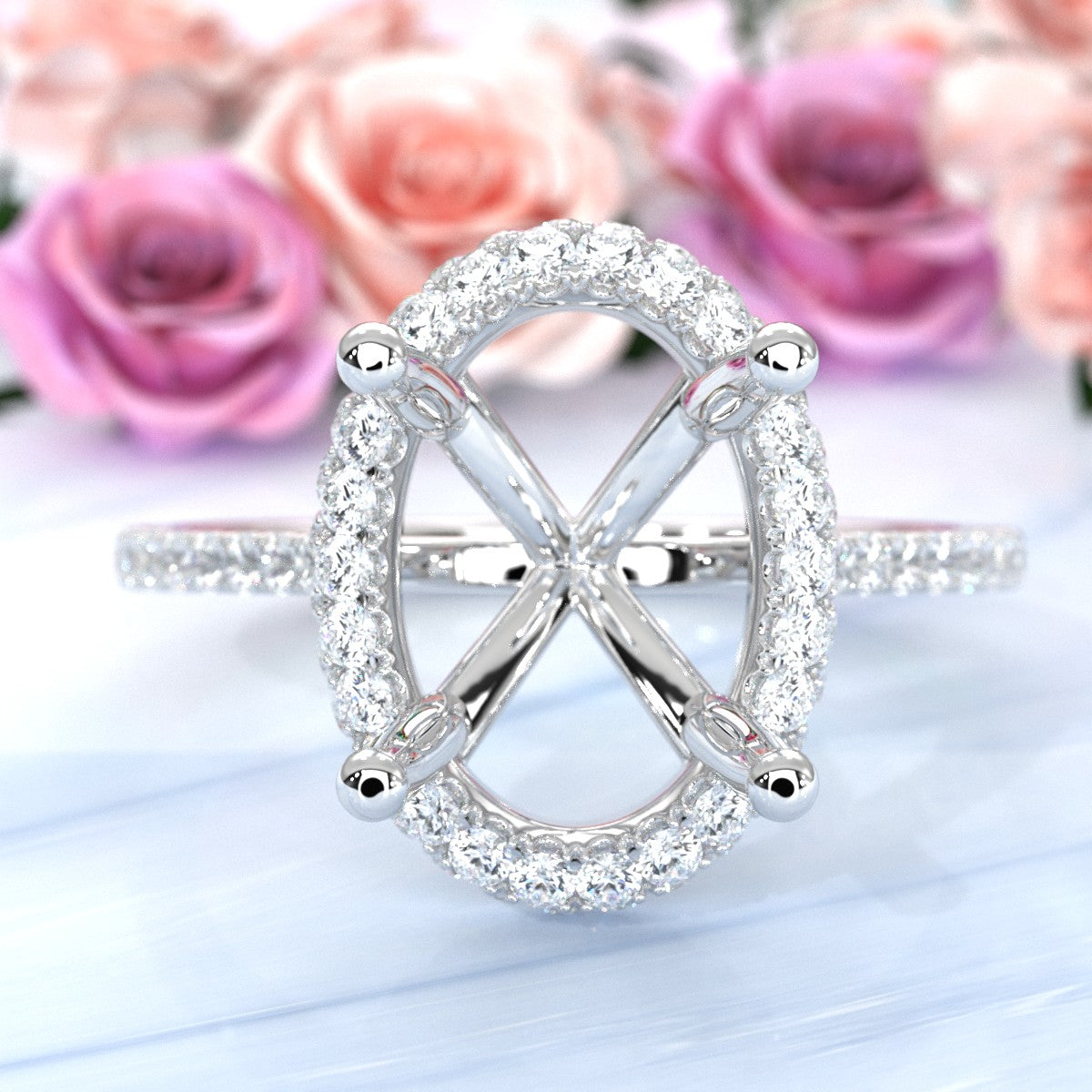 French Pave Set Halo Semi Mount Lab Grown Diamond Engagement Ring 0.59Ct.