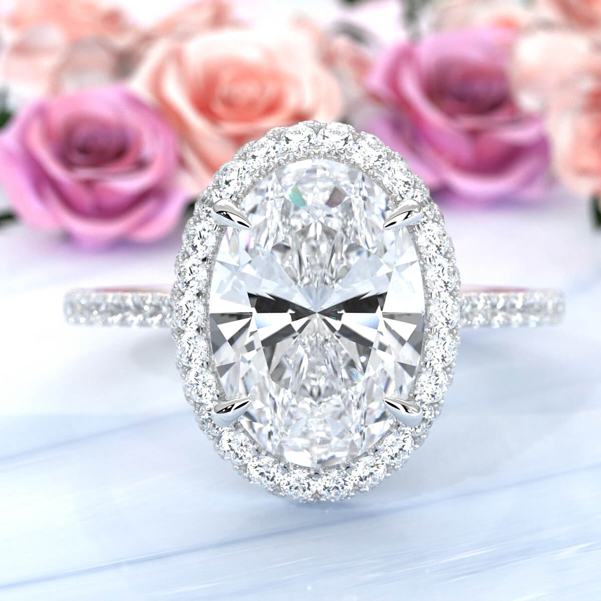 French U Cut Pave Set Oval Halo Lab Grown Diamond Engagement Ring