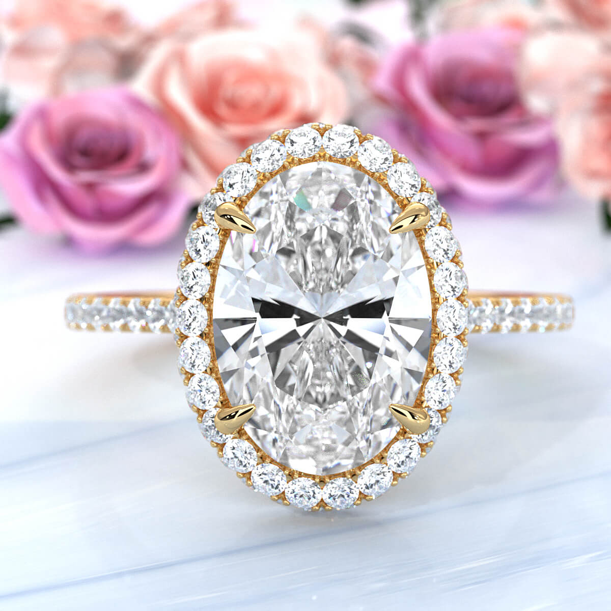 French U Cut Pave Set Oval Halo Lab Grown Diamond Engagement Ring