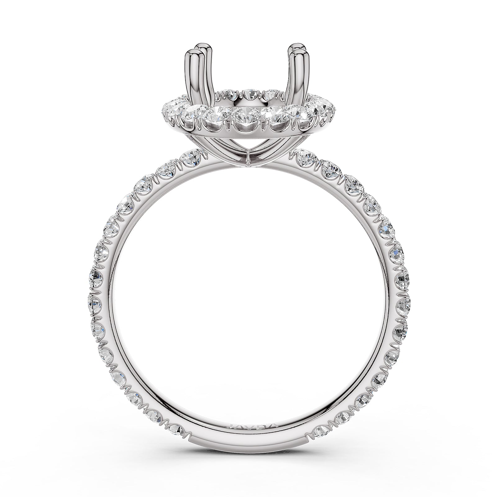 French Pave Set Halo Semi Mount Lab Grown Diamond Engagement Ring 0.59Ct.