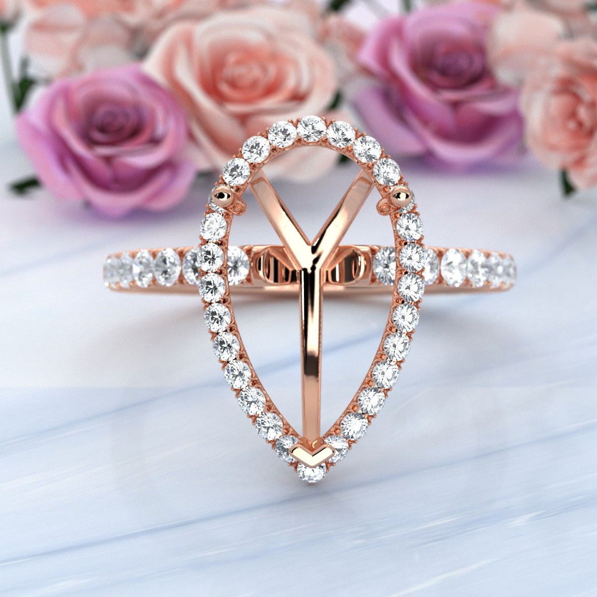 French Pave Set Halo Semi Mount Lab Grown Diamond Engagement Ring 0.59Ct.