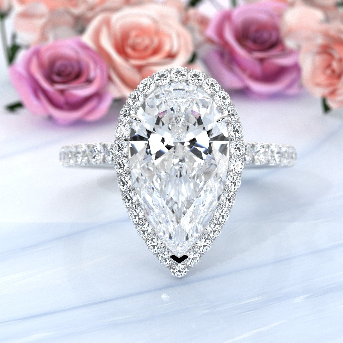 French Pave Set Halo Lab Grown Diamond Engagement Ring 2.59 Ctw.