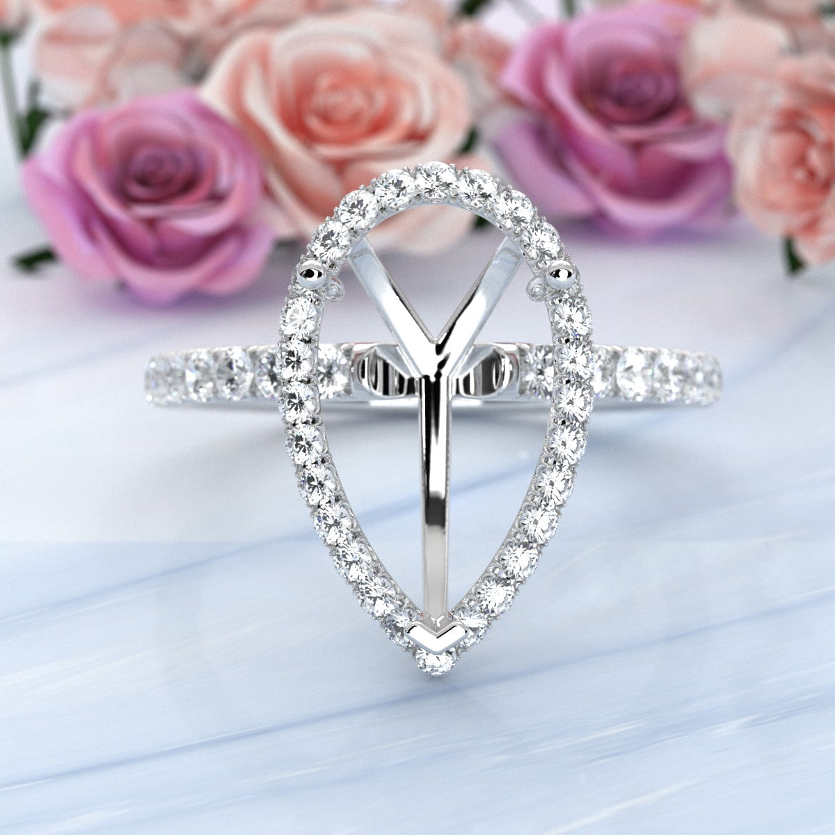 French Pave Set Halo Semi Mount Lab Grown Diamond Engagement Ring 0.59Ct.