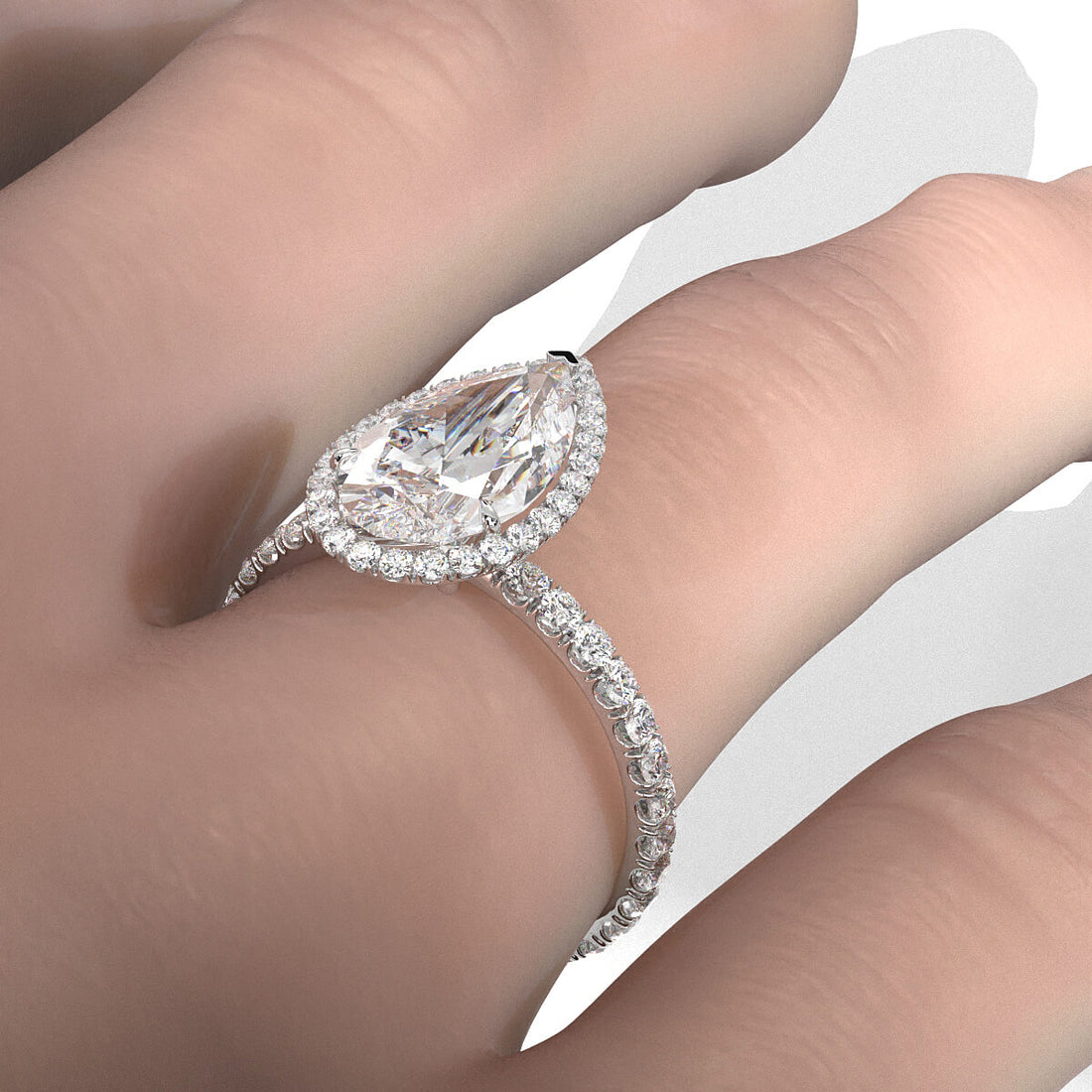 French U Cut Pave Set Pear Halo Lab Grown Diamond Engagement Ring