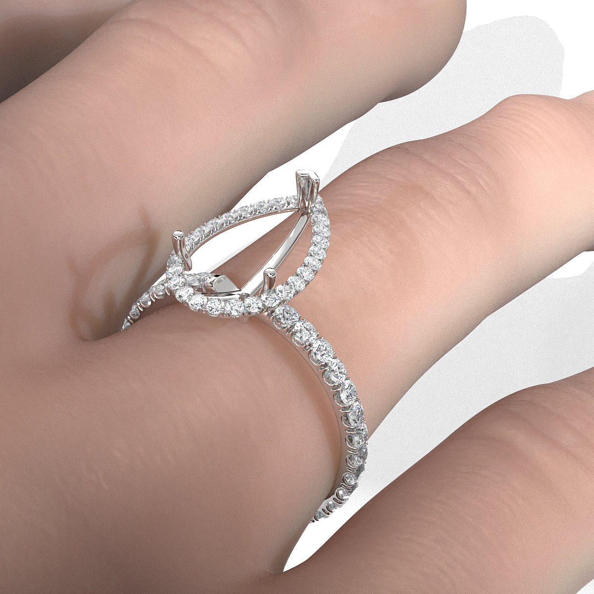 French Pave Set Halo Semi Mount Lab Grown Diamond Engagement Ring 0.59Ct.