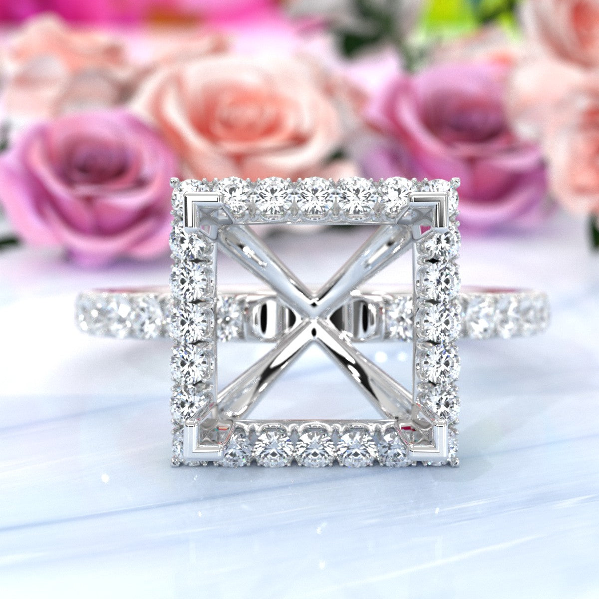 French Pave Set Halo Semi Mount Lab Grown Diamond Engagement Ring 0.59Ct.