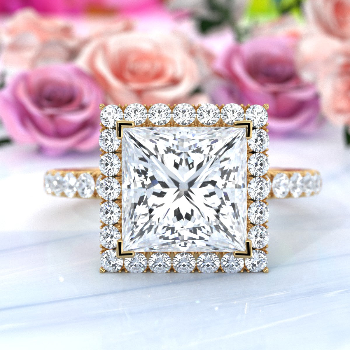 French Pave Set Halo Lab Grown Diamond Engagement Ring 2.59 Ctw.