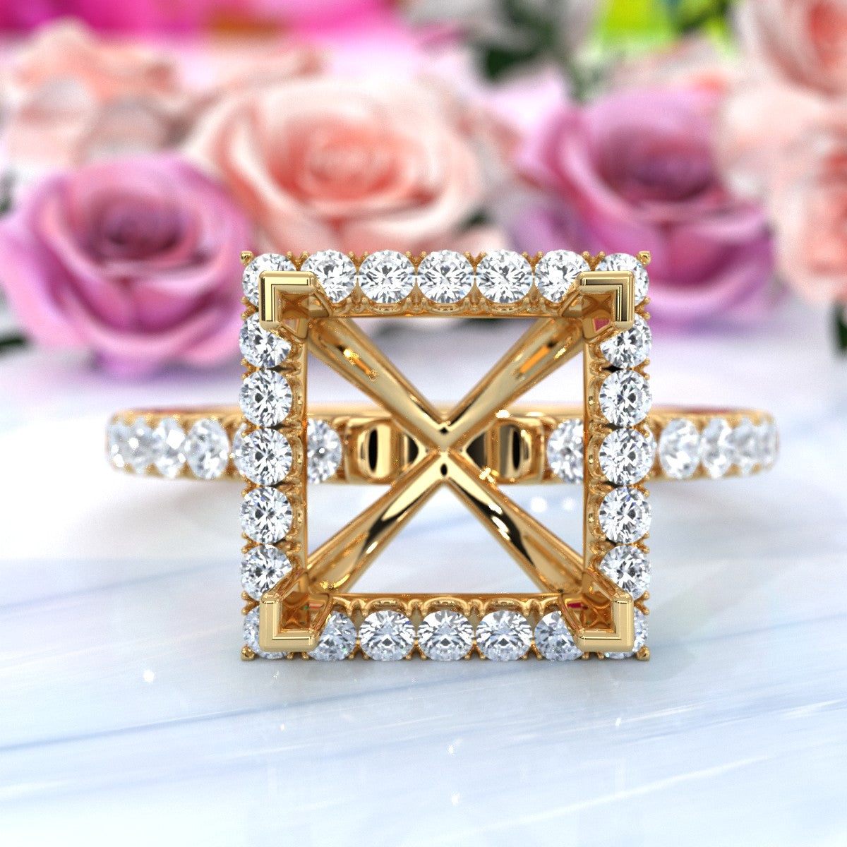 French Pave Set Halo Semi Mount Lab Grown Diamond Engagement Ring 0.59Ct.