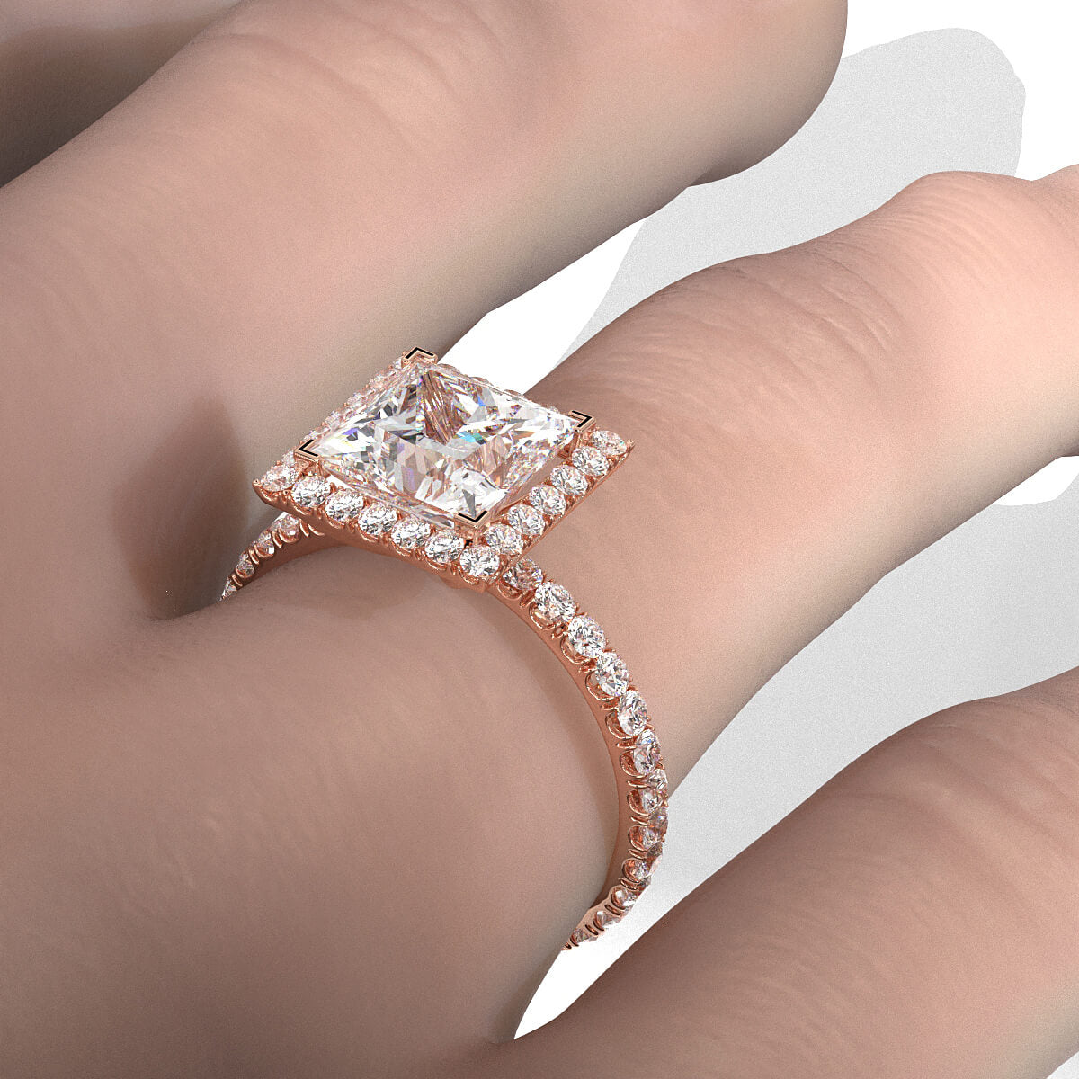 French U Cut Pave Set Princess Halo Lab Grown Diamond Engagement Ring