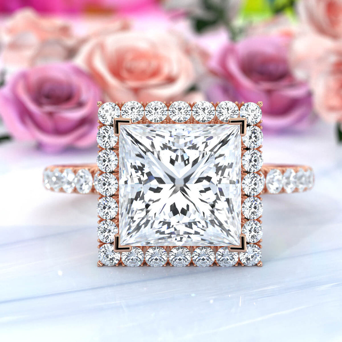 French U Cut Pave Set Princess Halo Lab Grown Diamond Engagement Ring