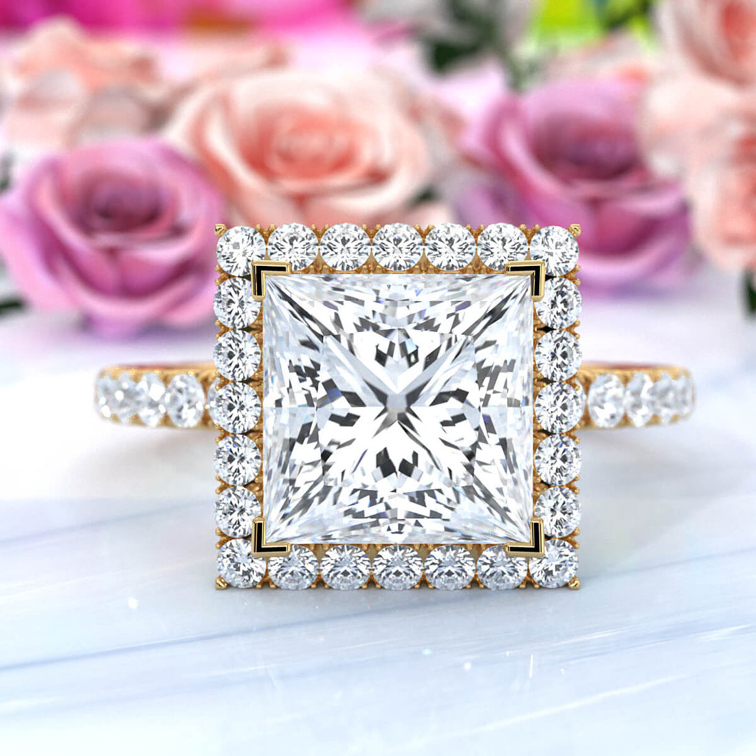 French U Cut Pave Set Princess Halo Lab Grown Diamond Engagement Ring