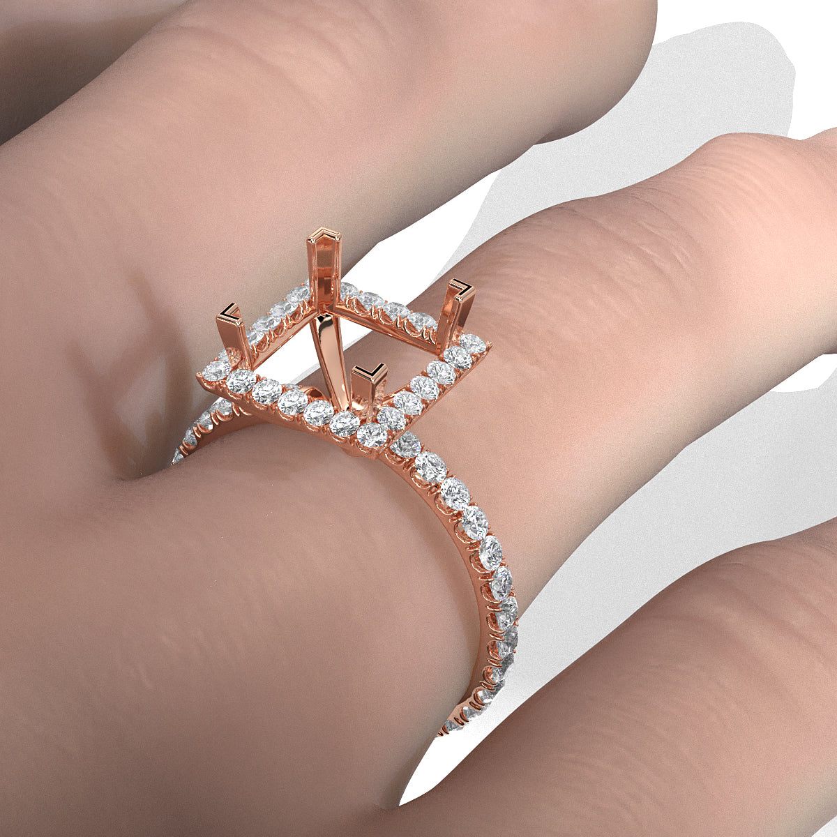 French Pave Set Halo Semi Mount Lab Grown Diamond Engagement Ring 0.59Ct.