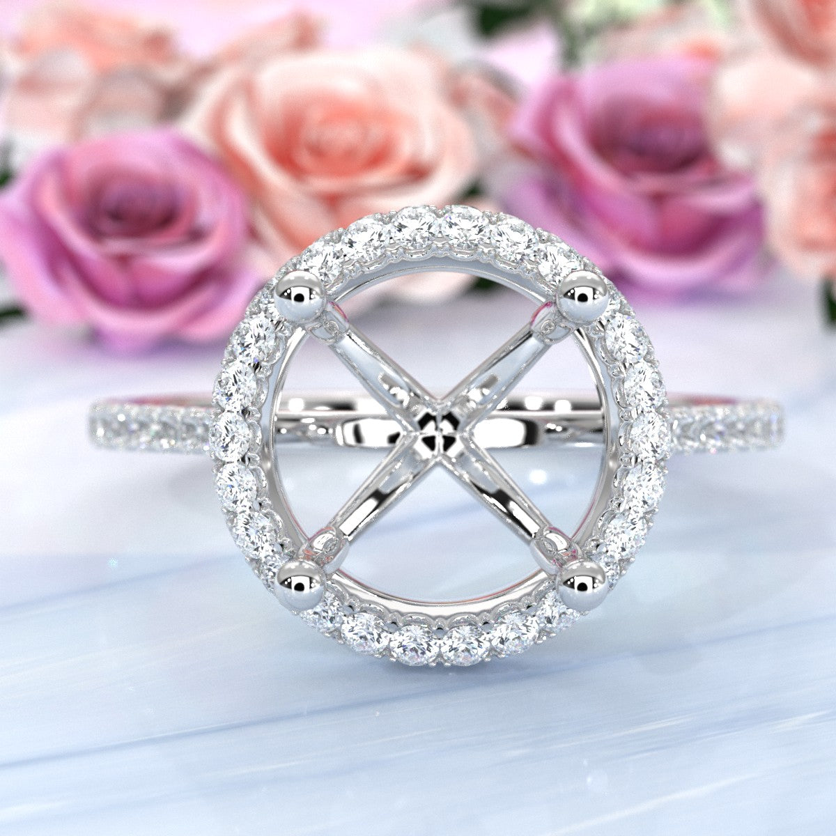 French Pave Set Halo Semi Mount Lab Grown Diamond Engagement Ring 0.59Ct.