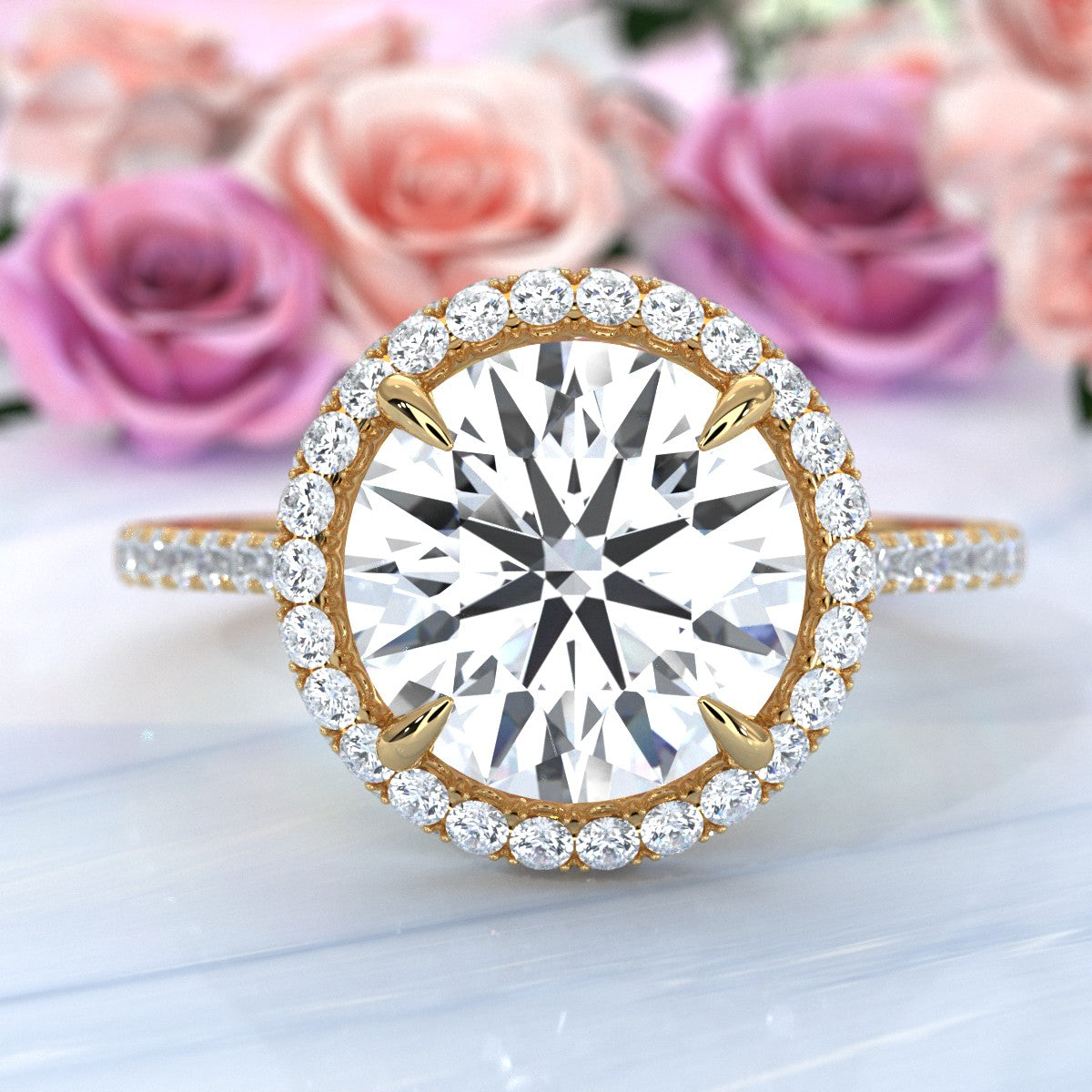 French Pave Set Halo Lab Grown Diamond Engagement Ring 2.59 Ctw.