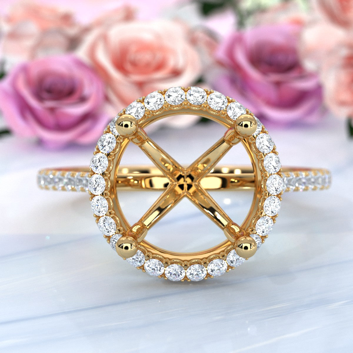 French Pave Set Halo Semi Mount Lab Grown Diamond Engagement Ring 0.59Ct.