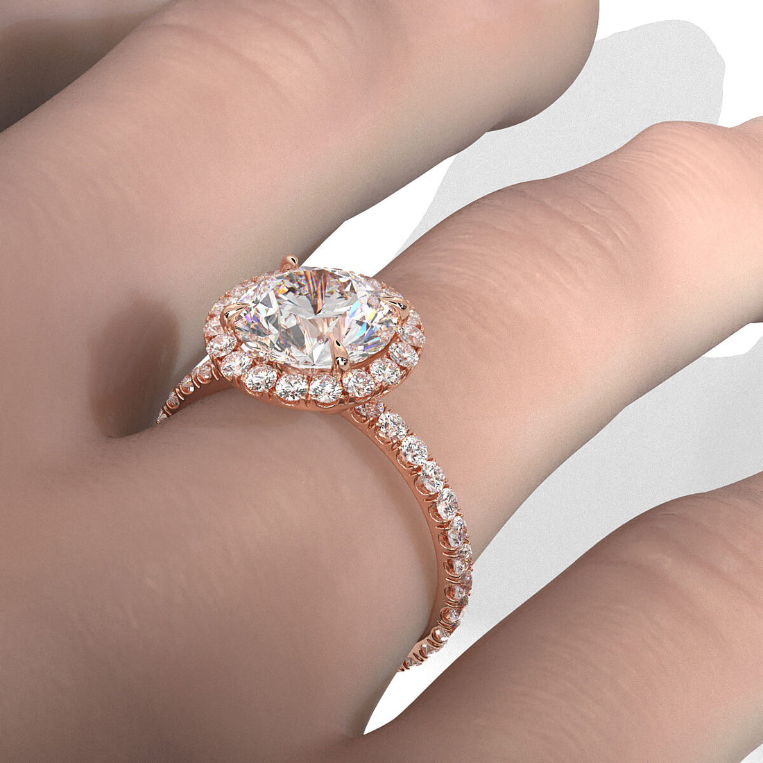 French U Cut Pave Set Round Halo Lab Grown Diamond Engagement Ring