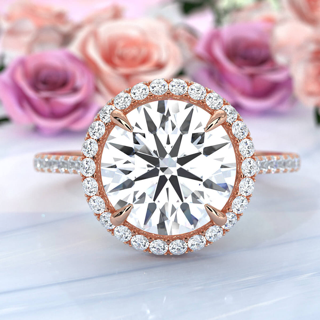 French U Cut Pave Set Round Halo Lab Grown Diamond Engagement Ring